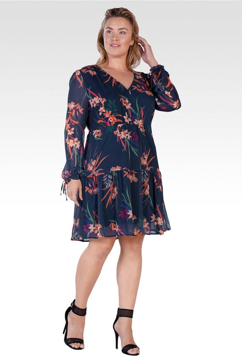 Blair Chiffon Long Sleeve Tiered Prairie Mini Dress - Tropical Mist Botanical / Floral Print
