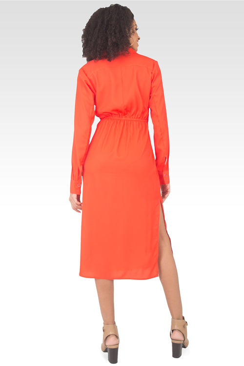 Shoshanna Cherry Tomato Tie-Front Long Sleeved Midi Shirt Dress-2