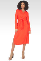 Shoshanna Cherry Tomato Tie-Front Long Sleeved Midi Shirt Dress-1