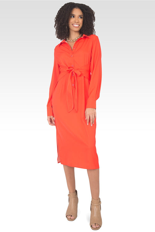 Shoshanna Cherry Tomato Tie-Front Long Sleeved Midi Shirt Dress-4