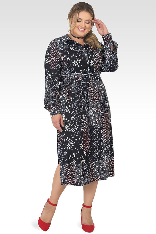 Plus Size Shoshanna Floral Print Tie-Front Long Sleeved Midi Shirt Dress-3