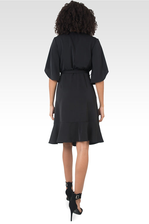 Serena Kimono Sleeve Ruffled Knee Length Wrap Dress - Black-2