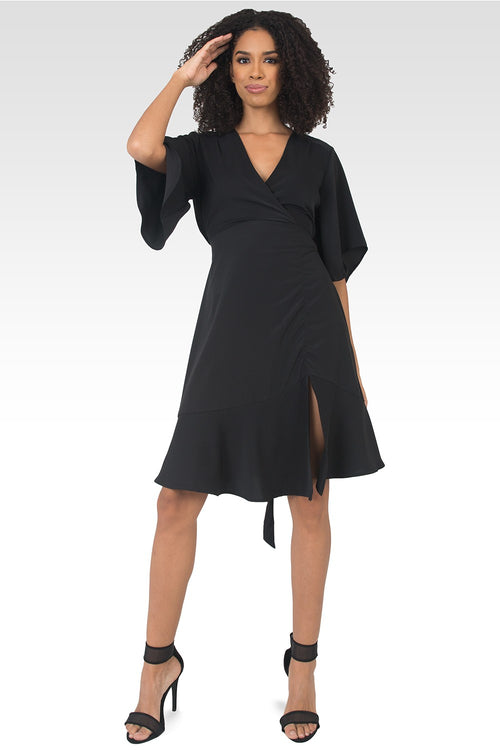 Serena Kimono Sleeve Ruffled Knee Length Wrap Dress - Black-4
