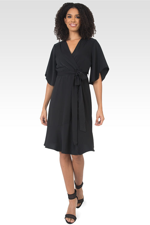 Serena Kimono Sleeve Ruffled Knee Length Wrap Dress - Black-5
