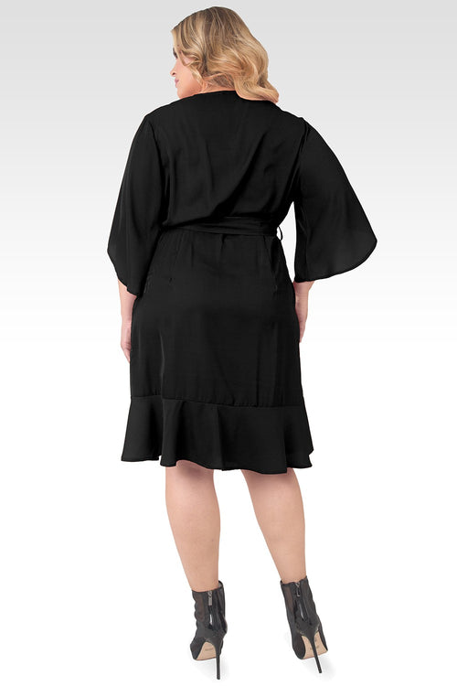 Plus Size Serena Kimono Sleeve Ruffled Knee Length Wrap Dress - Black-2