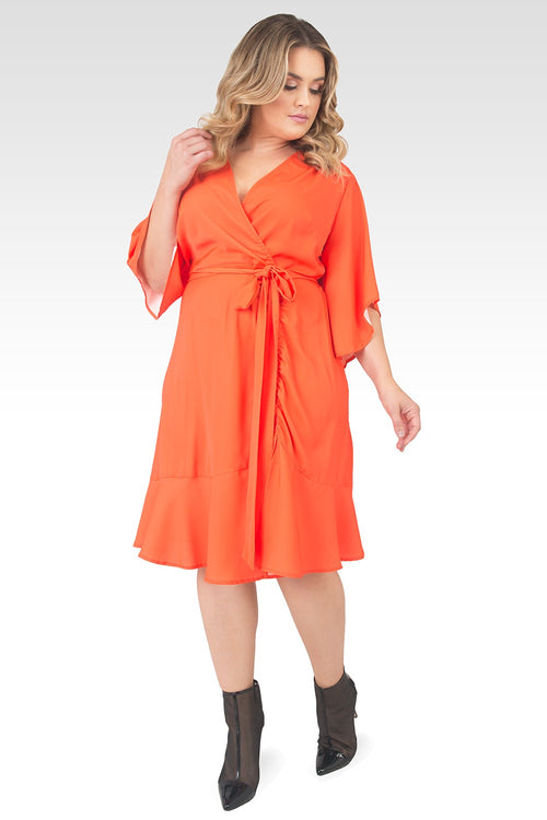 Plus Size Serena Kimono Sleeve Ruffled Knee Length Wrap Dress - Tiger Lily-4