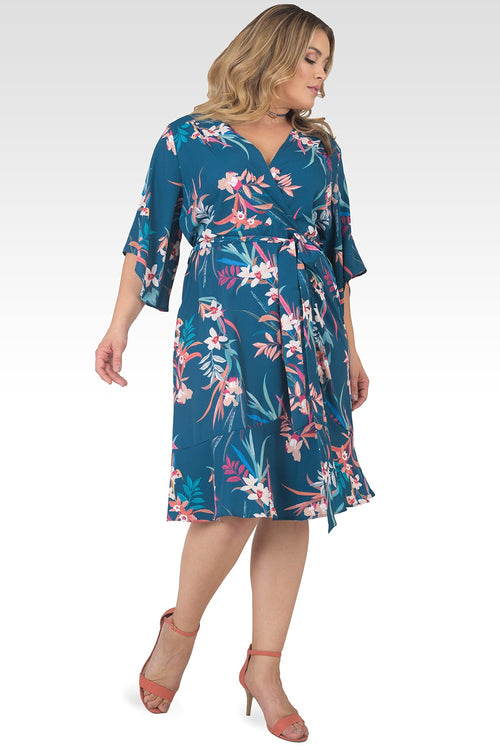 Plus Size Serena Kimono Sleeve Ruffled Knee Length Wrap Dress - Tropical Mist Floral Print-4