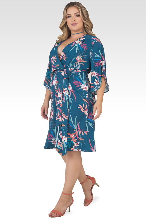 Plus Size Serena Kimono Sleeve Ruffled Knee Length Wrap Dress - Tropical Mist Floral Print-3