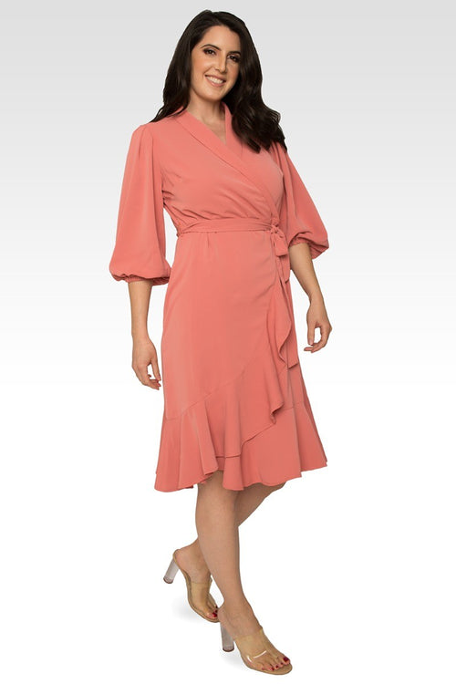 Kylie Double Georgette Dusty Pink Ruffles Wrap Midi Dress