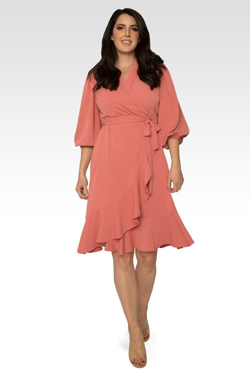 Kylie Double Georgette Dusty Pink Ruffles Wrap Midi Dress