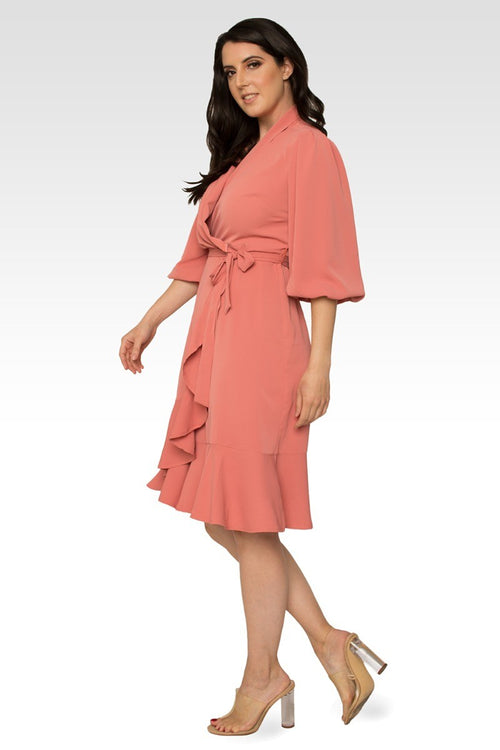 Kylie Double Georgette Dusty Pink Ruffles Wrap Midi Dress