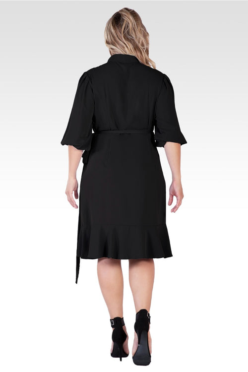 Kylie Women's Plus Size Double Georgette Black Ruffles Wrap Midi Dress