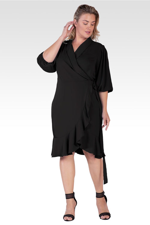 Kylie Women's Plus Size Double Georgette Black Ruffles Wrap Midi Dress