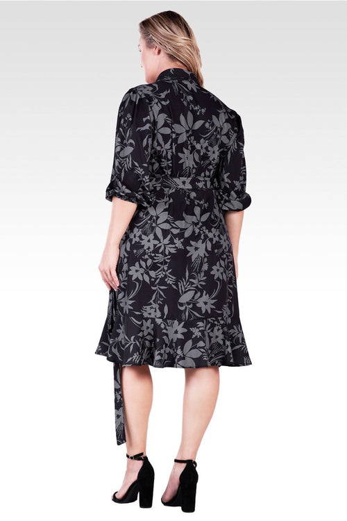 Kylie Plus Size Double Georgette Black Grey Floral Print Ruffles Wrap Midi Dress