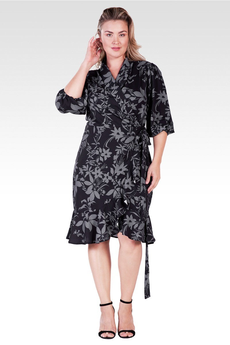 Standards & Practices Women's Double Georgette Black Grey Floral Print Ruffles Wrap Midi Dress - 3X