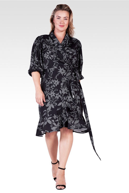 Kylie Plus Size Double Georgette Black Grey Floral Print Ruffles Wrap Midi Dress
