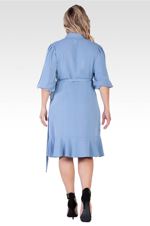 Kylie Plus Size Double Georgette Slate Blue Ruffles Wrap Midi Dress