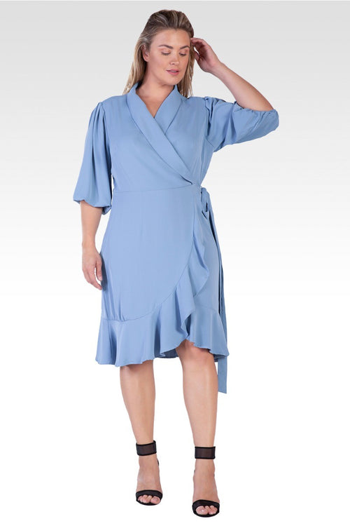 Kylie Plus Size Double Georgette Slate Blue Ruffles Wrap Midi Dress