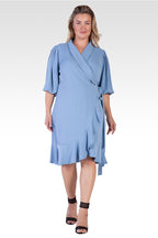 Kylie Plus Size Double Georgette Slate Blue Ruffles Wrap Midi Dress