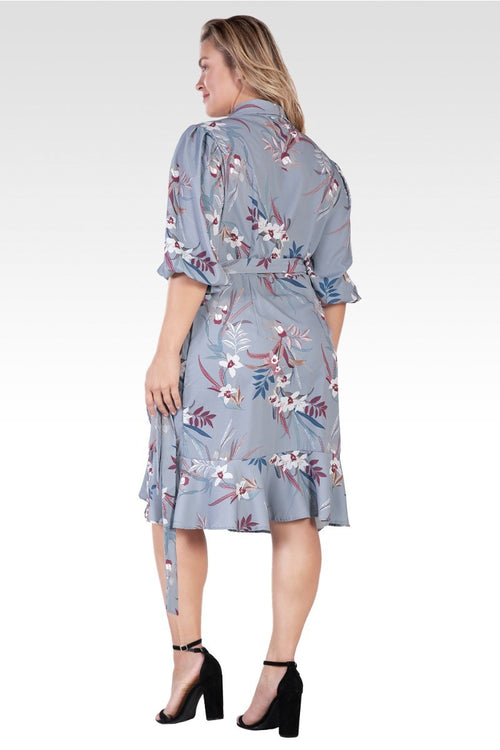 Kylie Plus Size Double Georgette Grey Tropical Floral Print Ruffles Wrap Midi Dress