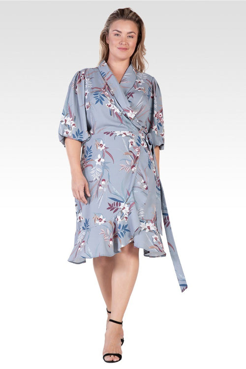 Kylie Plus Size Double Georgette Grey Tropical Floral Print Ruffles Wrap Midi Dress
