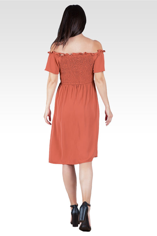 Gabi Off The Shoulder Brown Smocked Georgette Dress