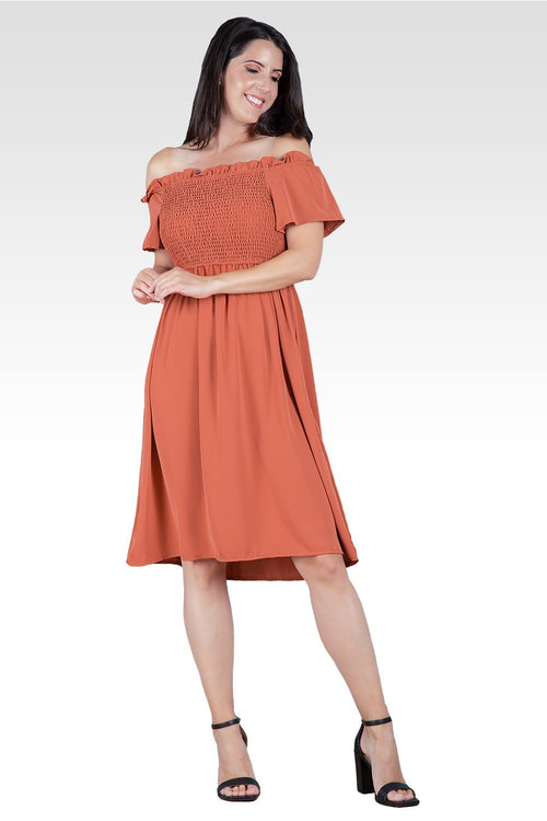 Gabi Off The Shoulder Brown Smocked Georgette Dress