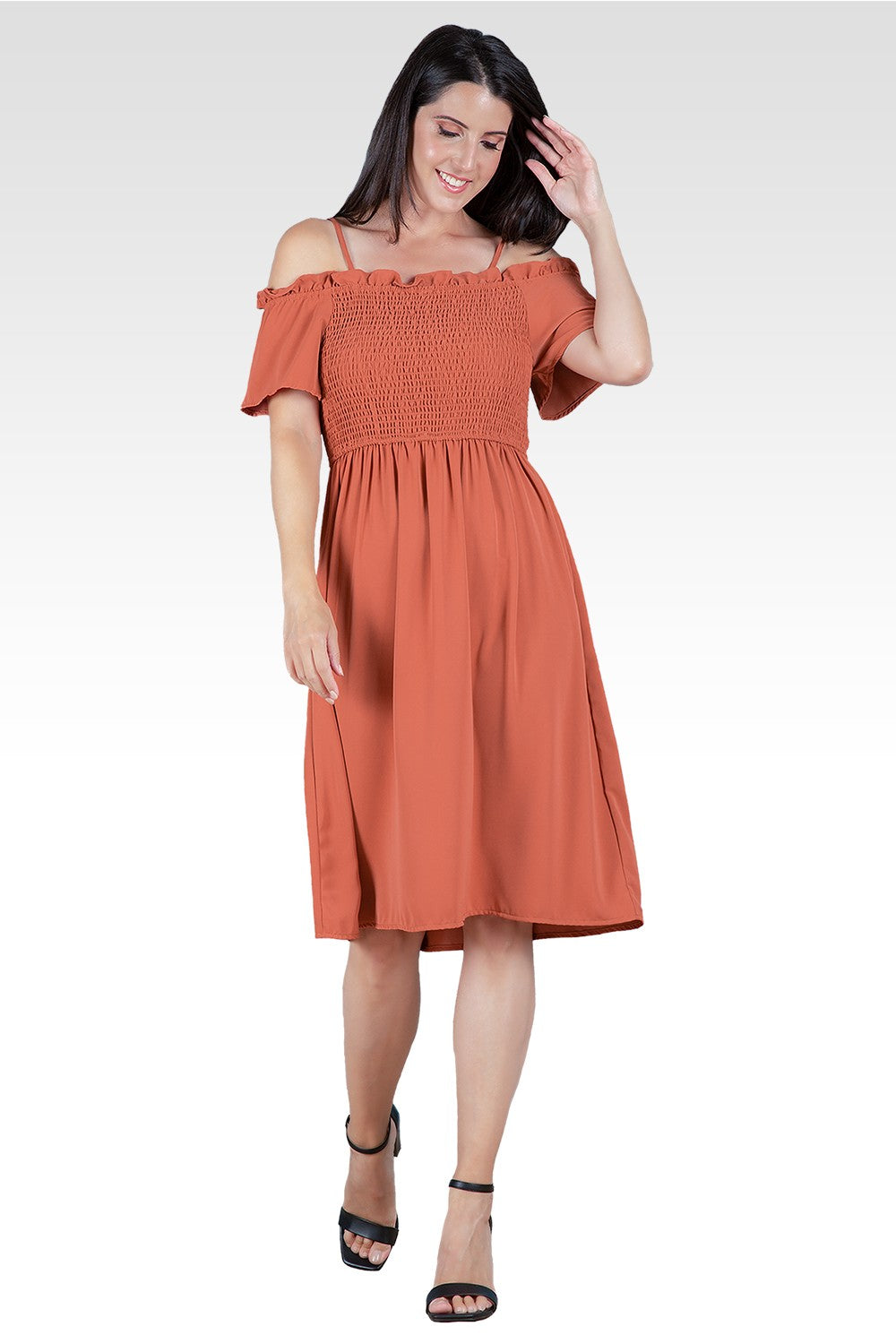 Standards & Practices Women's Off The Shoulder Brown Smocked Midi Dress