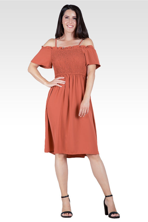 Gabi Off The Shoulder Brown Smocked Georgette Dress