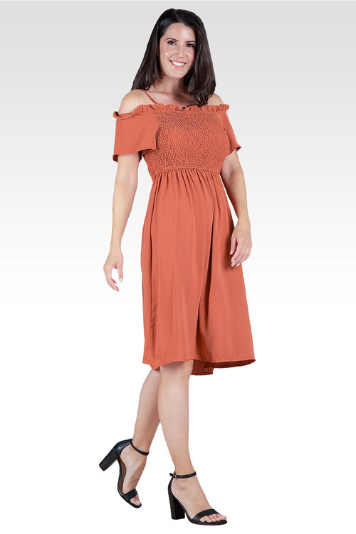 Gabi Off The Shoulder Brown Smocked Georgette Dress