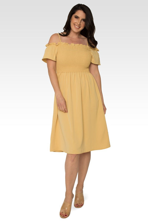 Gabi Off The Shoulder Pale Banana Smocked Georgette Dress