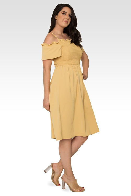 Gabi Off The Shoulder Pale Banana Smocked Georgette Dress