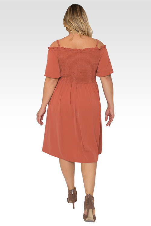 Gabi Plus Size Off The Shoulder Brown Smocked Georgette Dress