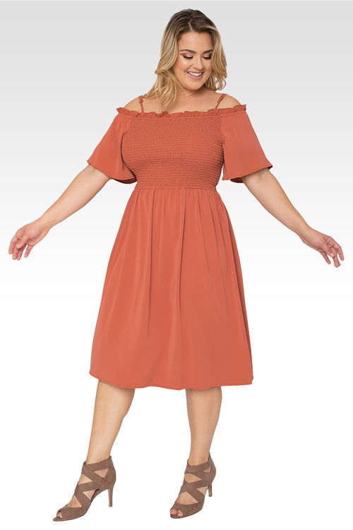 Gabi Plus Size Off The Shoulder Brown Smocked Georgette Dress