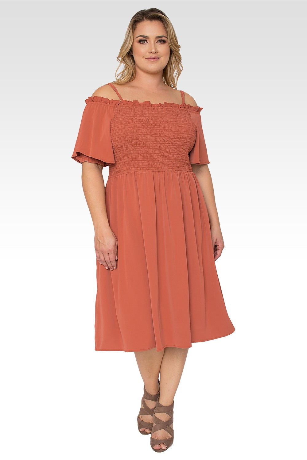 Standards & Practices Plus Size Women's Off The Shoulder Brown Smocked Midi Dress