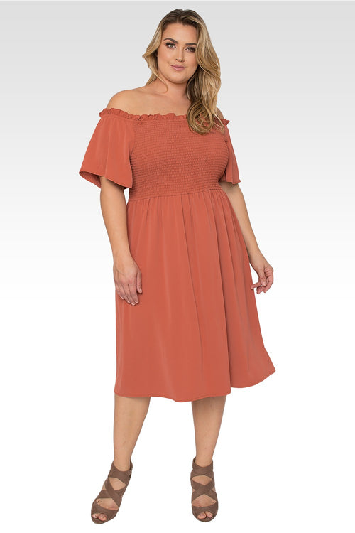 Gabi Plus Size Off The Shoulder Brown Smocked Georgette Dress
