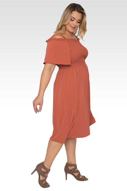 Gabi Plus Size Off The Shoulder Brown Smocked Georgette Dress