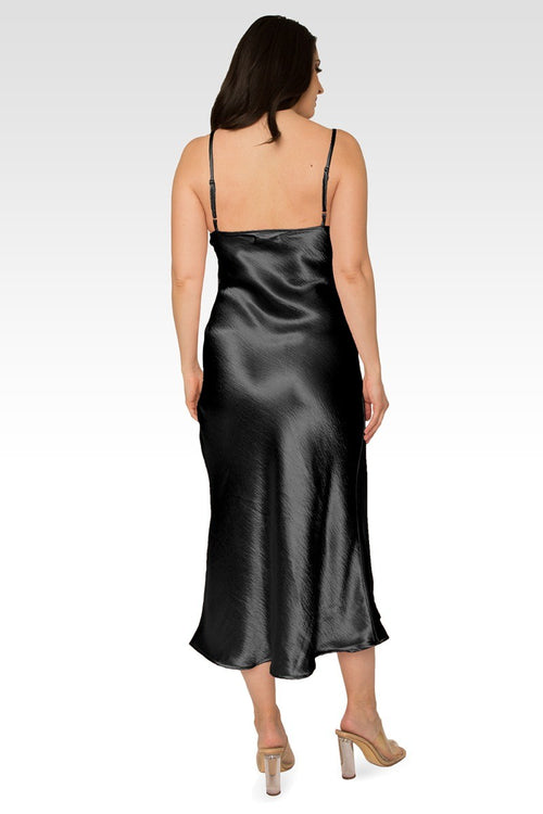 Michelle Cowl Neck Spaghetti Strap Satin Slip Dress - Black