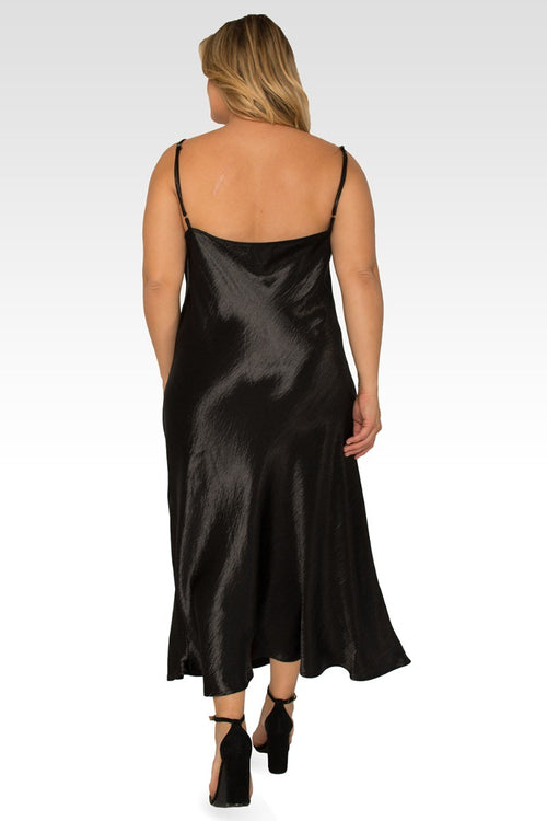 Michelle Plus Size Cowl Neck Spaghetti Strap Satin Slip Dress - Black