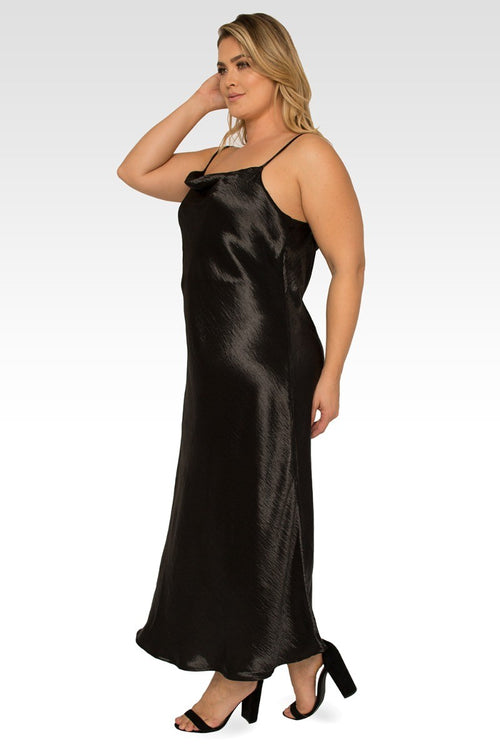 Michelle Plus Size Cowl Neck Spaghetti Strap Satin Slip Dress - Black