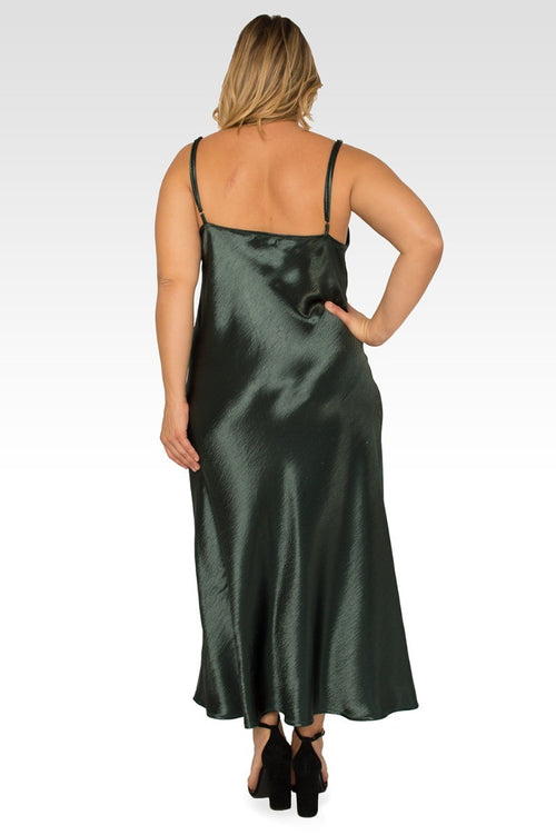Michelle Plus Size Cowl Neck Spaghetti Strap Satin Slip Dress - Green