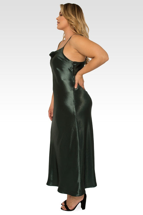 Michelle Plus Size Cowl Neck Spaghetti Strap Satin Slip Dress - Green