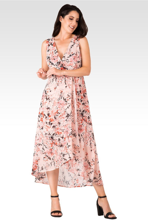 Eliza Women's Floral Print Sleeveless High-Low Hem Floral Print Maxi Dress