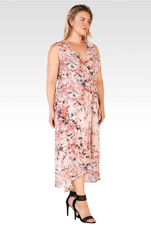 Eliza Women's Plus Size Floral Print Sleeveless High-Low Hem Floral Print Maxi Dress