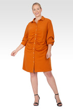 Kinsley Women's Plus Size Ruched Front Buttoned Down Mini Shirt Dress