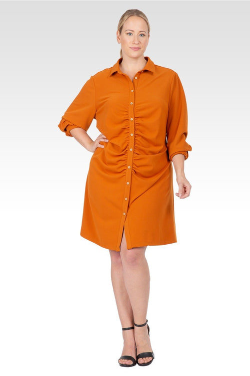 Kinsley Women's Plus Size Ruched Front Buttoned Down Mini Shirt Dress