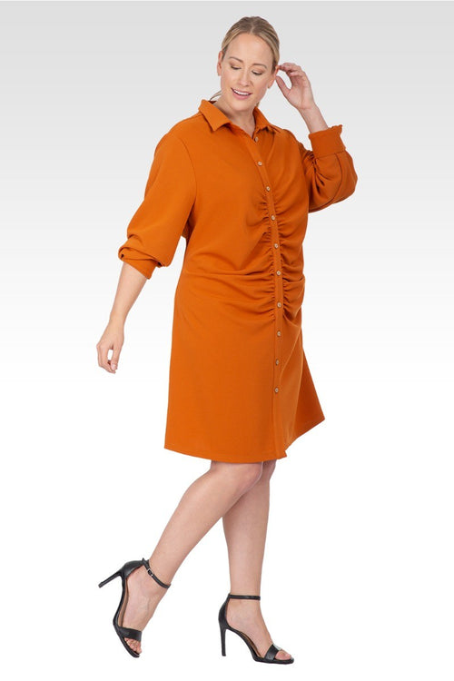 Kinsley Women's Plus Size Ruched Front Buttoned Down Mini Shirt Dress