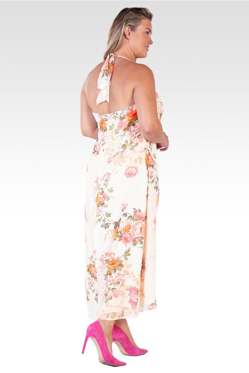 Akari Women's Plus Size Floral Print Cowl Neck Backless Maxi Dress