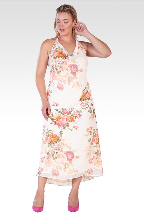 Akari Women's Plus Size Floral Print Cowl Neck Backless Maxi Dress