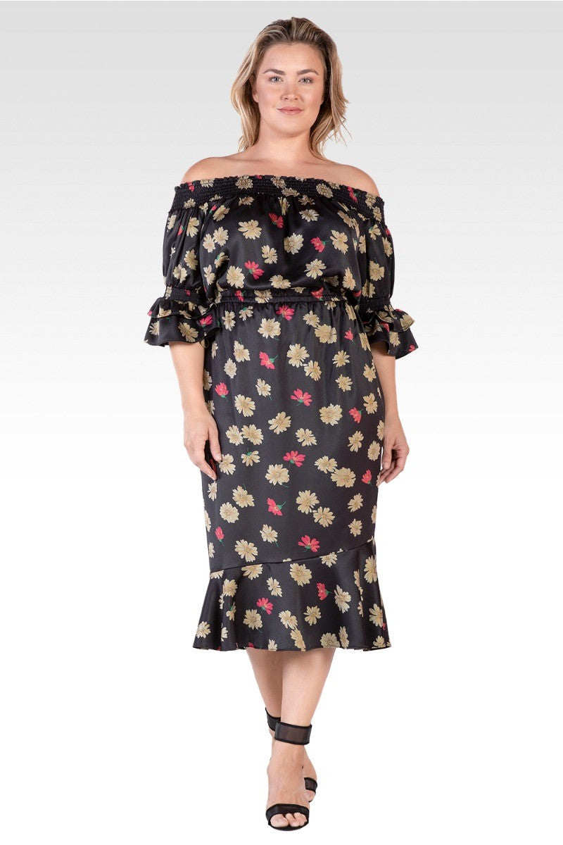 Standards & Practices Women's Plus Size Floral Print Off-Shoulder High-End Satin Midi Dress 22